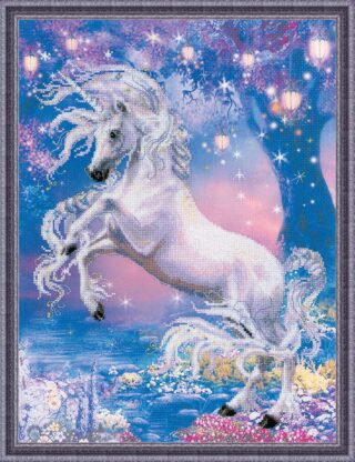 A magical cross-stitch design of a white unicorn rearing up in an enchanted forest with glowing lanterns, sparkling stars, and colorful flowers.