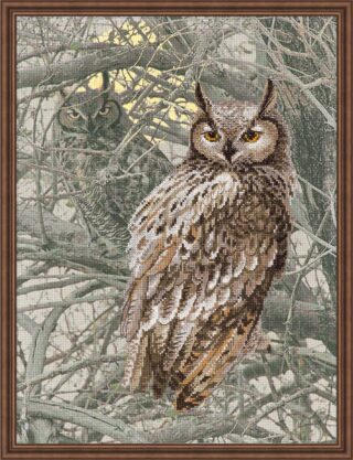 A detailed cross-stitch design of an eagle owl perched on a branch with another owl hidden among the tree branches in the background.
