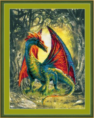 Cross-stitch design of a vibrant dragon with green and blue scales and fiery red wings standing in a glowing enchanted forest.