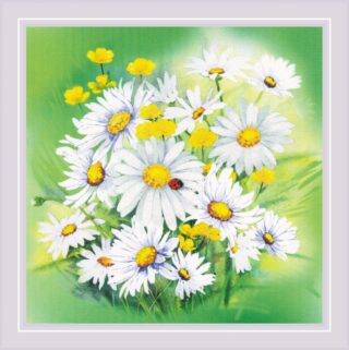 Cross-stitch design of white chamomile daisies and yellow wildflowers on a vibrant green background with a ladybug resting on a petal.