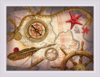 RIOLIS 0095PT Treasure Hunting Cross-Stitch Kit featuring a vintage compass, ship wheel, starfish, rope, and map design in warm colors.
