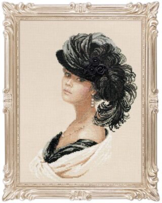 A cross-stitch portrait of an elegant woman in a large black feathered hat adorned with roses, wearing pearl earrings and a draped evening shawl.