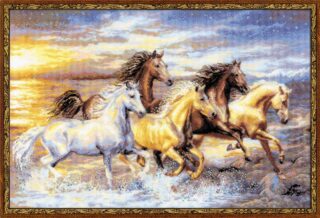 A cross-stitch design of five galloping horses running through shallow water at sunset, with golden light reflecting on the waves.