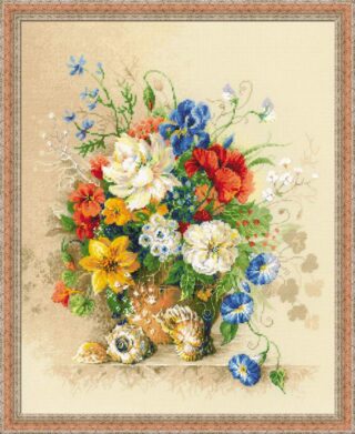 A colorful cross-stitch design of a summer bouquet with red, yellow, blue, and white flowers arranged in a rustic vase beside decorative seashells.