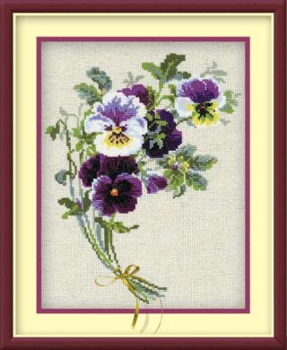 Bouquet of purple and yellow pansies tied with a small ribbon, cross-stitched on light fabric.