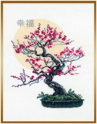 Bonsai tree with pink blossoms in bloom, set against a golden sun and Japanese calligraphy, cross-stitched on white fabric.