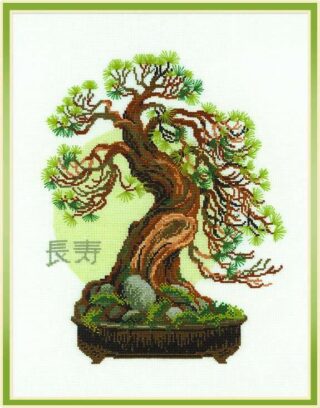 Framed cross stitch of a stylized bonsai pine tree with twisted branches and green needles, growing in a brown pot with stones and moss.