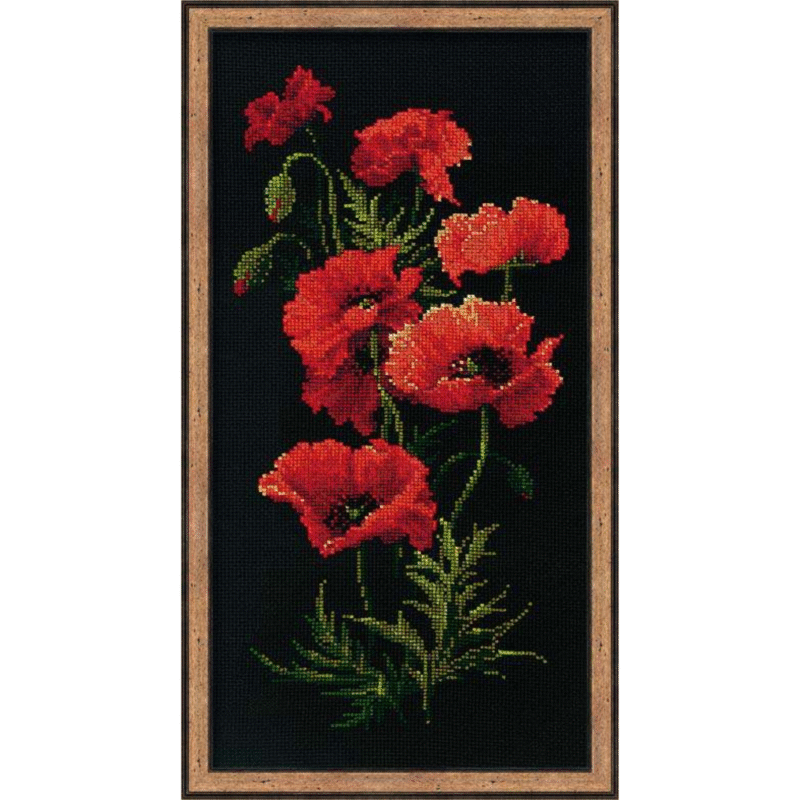 Cross stitch of vivid red poppies with green leaves, arranged vertically on a bold black background.