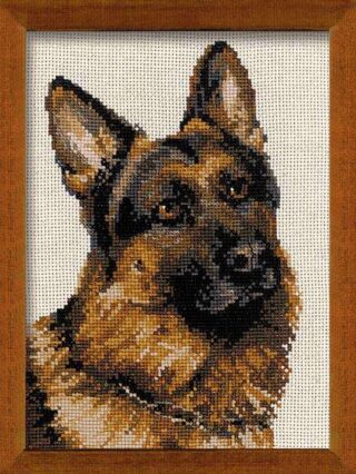 Cross stitch of a realistic German Shepherd dog portrait in warm brown, black, and beige tones on white background.