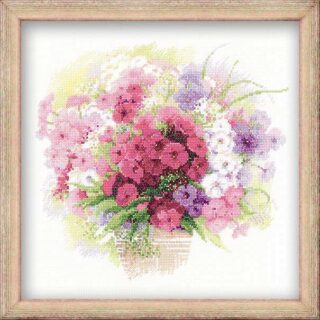 Cross stitch artwork featuring a vibrant bouquet of pink, white, and purple phlox flowers in a soft watercolor style.