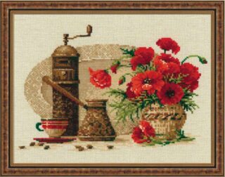 Cross-stitch embroidery of a vintage coffee grinder, a copper coffee pot, and a red-striped cup, arranged beside a vase of bright red poppies. Design from RIOLIS kit 1121 Coffee.