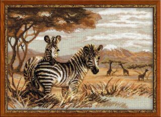 Cross-stitch kit showing zebras in the African savannah, with giraffes and acacia trees in the background under a cloudy sky.