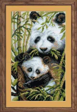 Cross-stitch embroidery of a mother panda cuddling her baby among green bamboo leaves. Both pandas have soft black and white fur and expressive dark eyes. Design from RIOLIS kit 1159 Panda with Young.