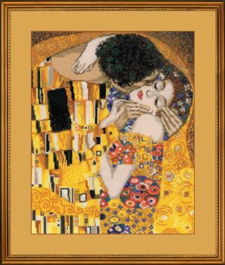 Cross stitch of Gustav Klimt’s "The Kiss" featuring a couple in an embrace, surrounded by golden geometric and floral patterns.