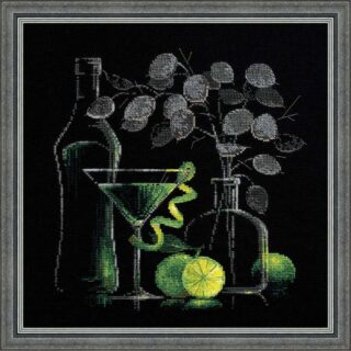 Cross stitch of a martini glass with a lime twist, a bottle, green limes, and a vase with silver leaves, all on a black background.