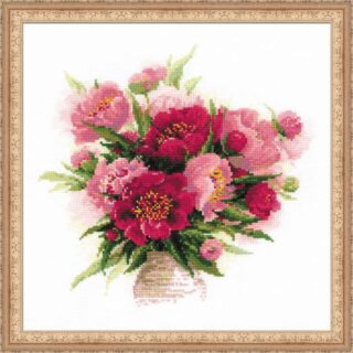 Cross stitch of bright red and soft pink peonies arranged in a vase with lush green leaves on a white background.