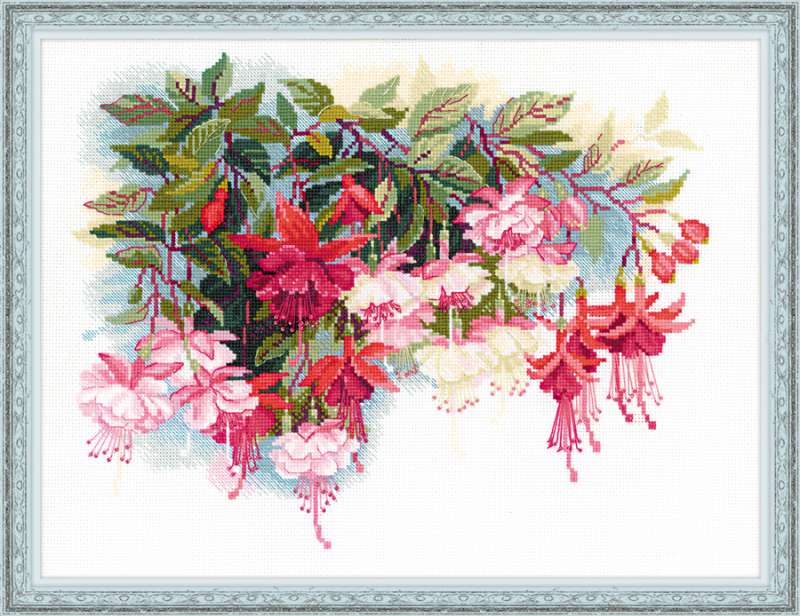 Cross stitch of pink, red, and white fuchsia flowers with green leaves cascading in a vibrant floral arrangement on a white background.