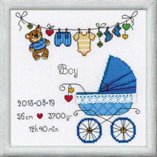 A cross-stitch design featuring a blue baby carriage, colorful baby clothes, and a teddy bear hanging on a clothesline, part of the RIOLIS 1418 It’s a Boy! Cross-Stitch Kit.