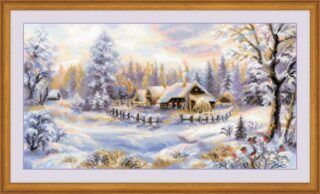 Framed cross-stitch design of a cozy winter village scene with snow-covered cottages, frosted trees, and a soft pastel sky.