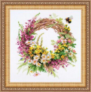 Cross stitch of a floral wreath made of pink, yellow, and white wildflowers, green leaves, and a small bee hovering nearby.