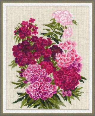 Cross stitch of bright pink, deep red, and pale pink Sweet William flowers arranged in a dense bouquet with green leaves.