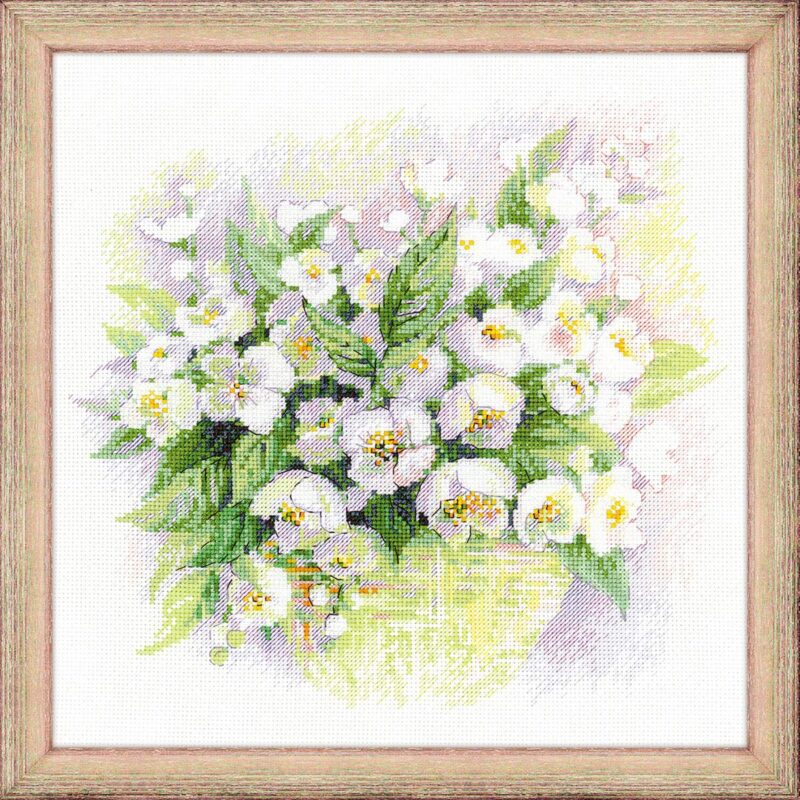 Cross stitch of delicate white jasmine flowers with soft green leaves, arranged in a light watercolor-style bouquet on a white background.