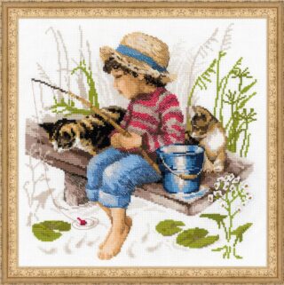 Cross stitch of a barefoot boy in a straw hat fishing from a bench, with two kittens nearby and green reeds in the background.