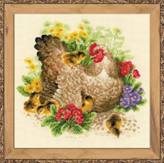A cross-stitch image of a brown hen surrounded by yellow chicks and colorful flowers.