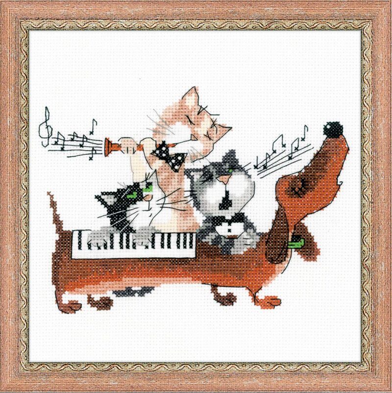 A whimsical cross-stitch of a dachshund carrying three musical cats, each playing instruments, forming a playful animal band.
