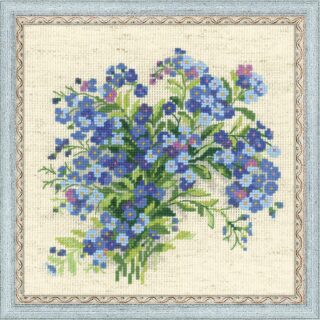 Cross-stitched bouquet of delicate blue forget-me-not flowers with green leaves, framed in light blue and beige.