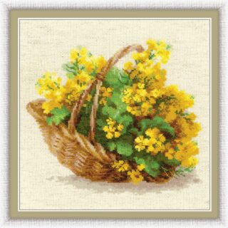 Cross-stitched image of a woven basket filled with bright yellow rapeseed flowers and green leaves on a neutral background.