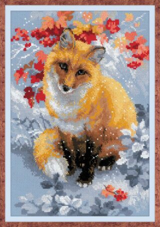 A cross-stitch design of a sitting red fox in a snowy landscape, surrounded by autumn-colored leaves and gentle snowflakes.