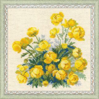 Cross-stitched bouquet of bright yellow globe flowers with green leaves, arranged against a light fabric background and framed in a pale green border.