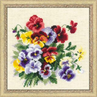 Cross-stitch artwork of a vibrant bouquet featuring red, yellow, purple, and white pansies arranged against a neutral fabric background, framed with an elegant beige and gold frame.