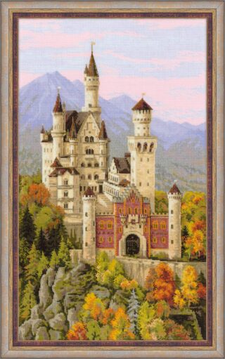 A detailed cross-stitch design of Neuschwanstein Castle with majestic towers and red brick gate, set against forested hills and purple mountains.