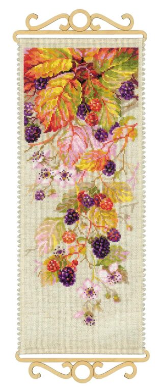 A cross-stitch artwork of ripe blackberries and autumn leaves cascading down a hanging scroll.