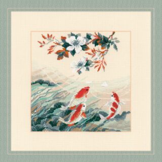1574 Dancing Fish Cross-Stitch Kit from RIOLIS, featuring graceful koi fish swimming beneath white blossoms and soft foliage in a serene water scene.