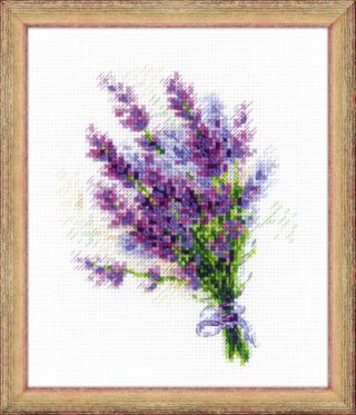 Cross-stitched bouquet of lavender flowers tied with a delicate ribbon on white Aida cloth.