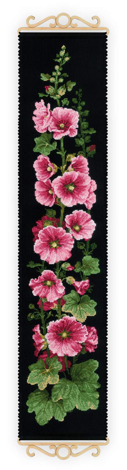 Cross-stitched tall pink mallow flowers with green leaves on black fabric, displayed as a vertical wall hanging.