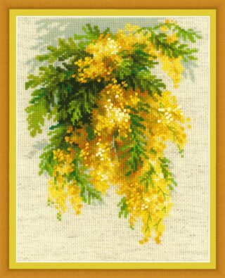 A bright yellow mimosa flower arrangement with cascading blossoms and lush green foliage stitched on a light background.