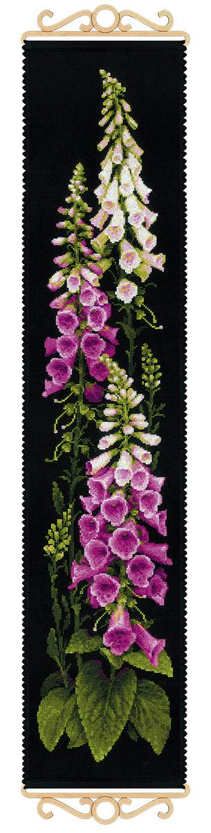 Cross stitch design of tall pink and white foxglove flowers on a black background.