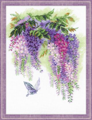 Cross-stitched cascading wisteria flowers in purple, pink, and lavender shades with green leaves and a butterfly below, stitched on white fabric.