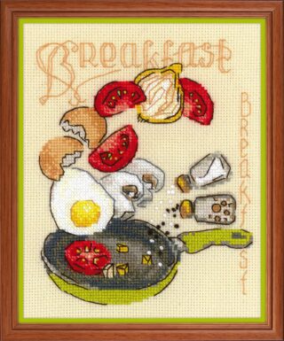 Cross stitch design of a breakfast scene with eggs, tomatoes, toast, mushrooms, salt, pepper, and a green frying pan.