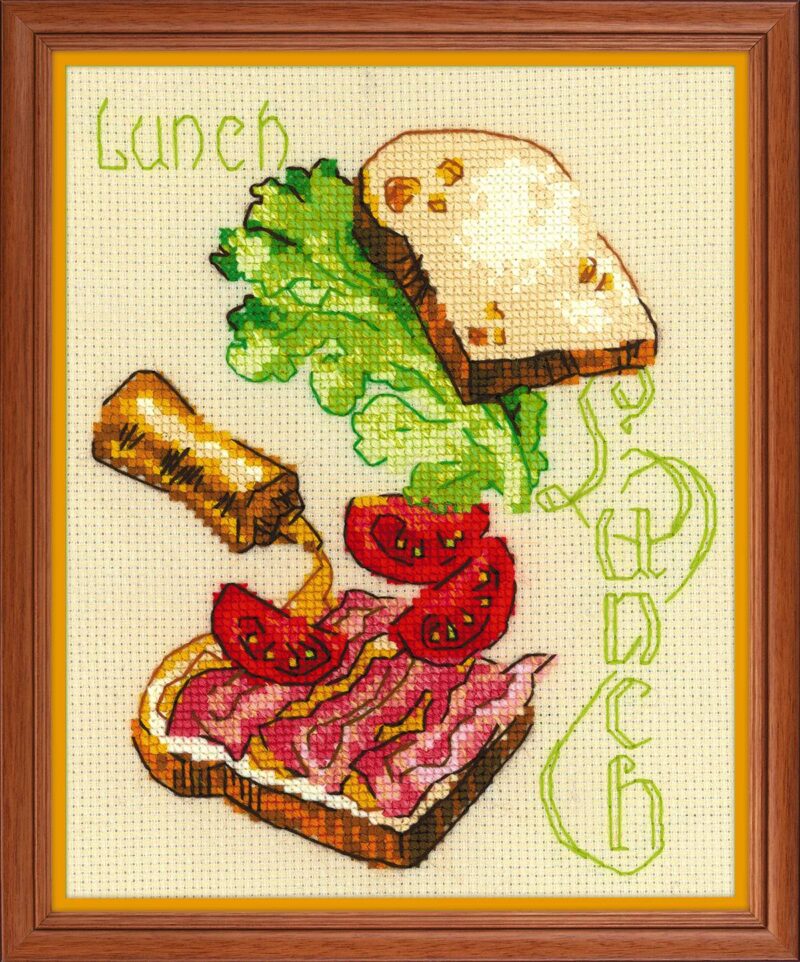 Cross stitch design of an open sandwich with bacon, tomatoes, lettuce, mustard, and a slice of bread mid-air above it.