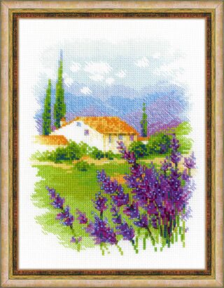 Cross-stitch of a Provencal farmhouse surrounded by lavender bushes, cypress trees, and rolling hills under a blue sky with scattered clouds.