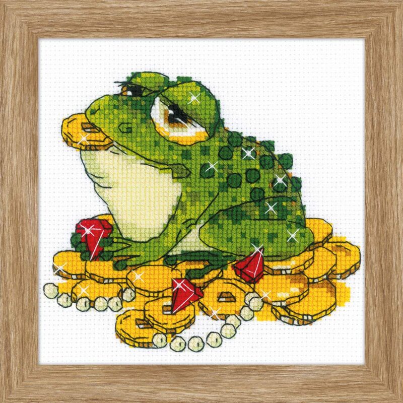 Cross-stitched green frog sitting on a pile of gold coins, gems, and pearls.