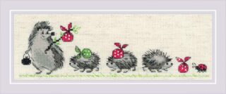 Cross-stitched family of hedgehogs carrying colorful bundles in a playful parade, followed by a tiny ladybug on beige fabric.