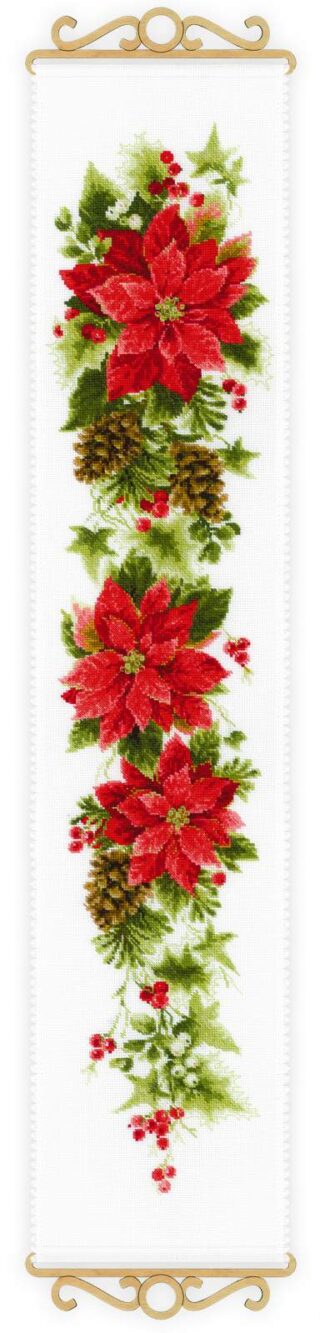 Cross-stitched vertical banner featuring red poinsettias, pinecones, holly leaves, and festive berries in rich holiday colors.