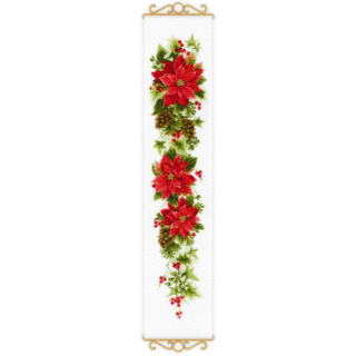 Cross-stitched vertical banner featuring red poinsettias, pinecones, holly leaves, and festive berries in rich holiday colors.