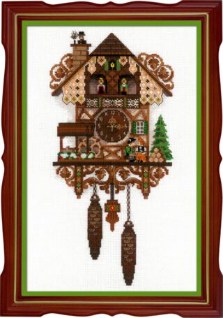 A detailed cuckoo clock with dancers, pinecone weights, and Alpine details is featured in this cross-stitch design.
